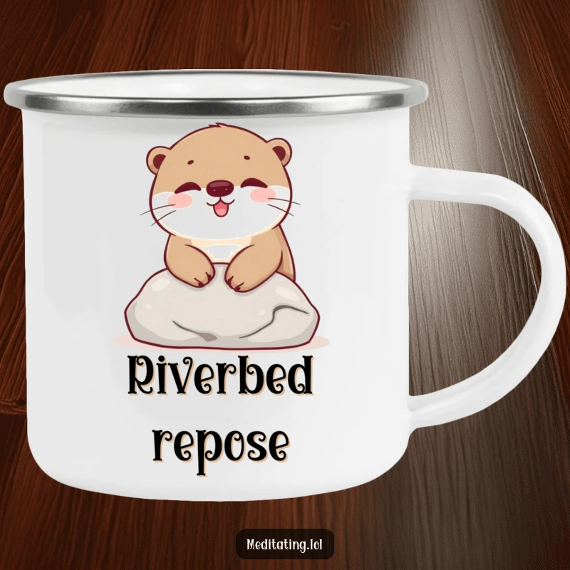 Funny Camping Mug showing a happy otter resting on a stone, ideal for outdoor enthusiasts who appreciate a relaxed vibe.