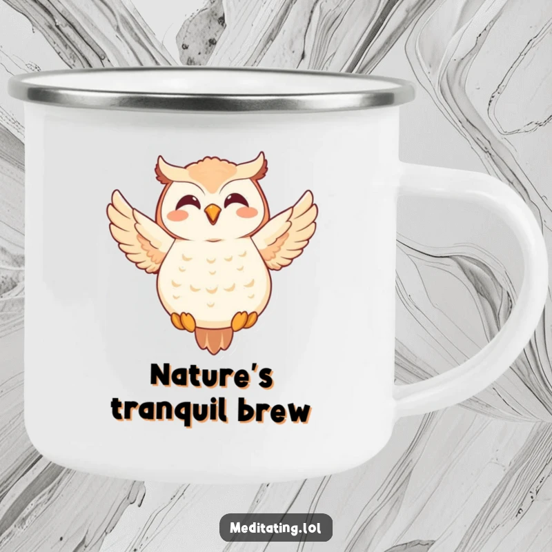 Funny Owl Camp Mug: Joyful owl in a meditative floating pose, perfect for outdoor drinks with a humorous twist.