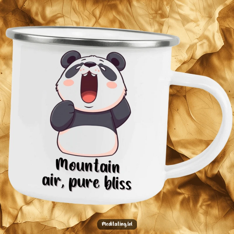 Funny panda camping mug featuring a determined panda taking a deep, visible breath upwards, perfect for serene outdoor moments.