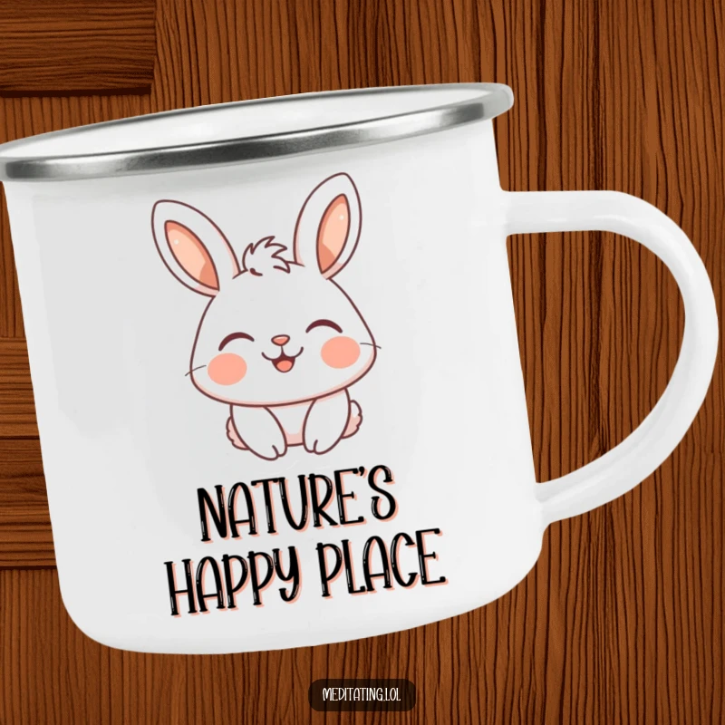 Funny camping mug with a serene rabbit, closed eyes, and a peaceful smile, perfect for humorous outdoor enjoyment.