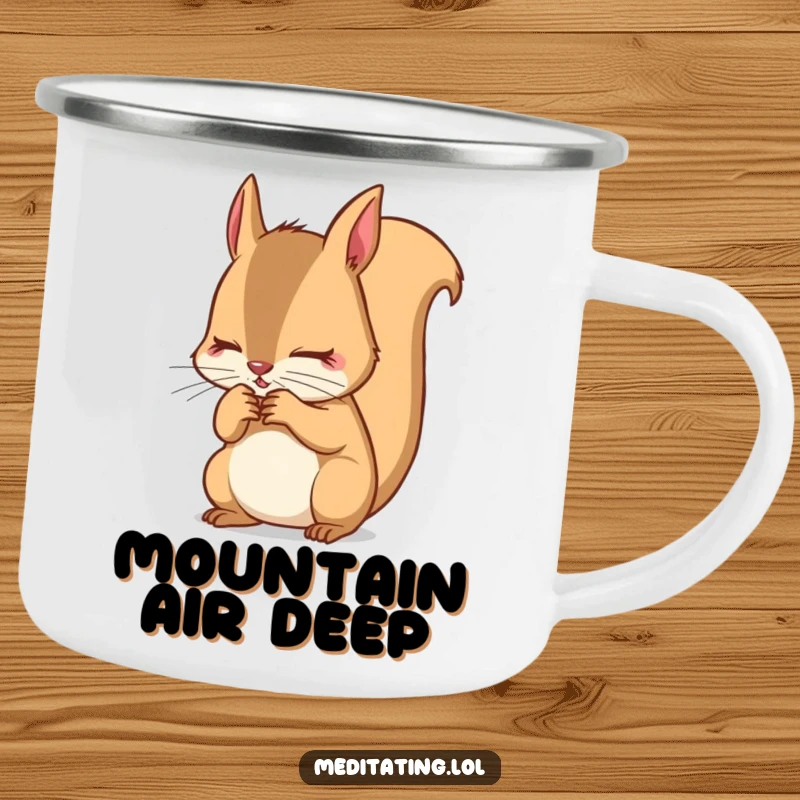 Funny Squirrel Camp Mug: Determined squirrel intensely focusing on its breath, perfect for outdoor drinks with a humorous twist.