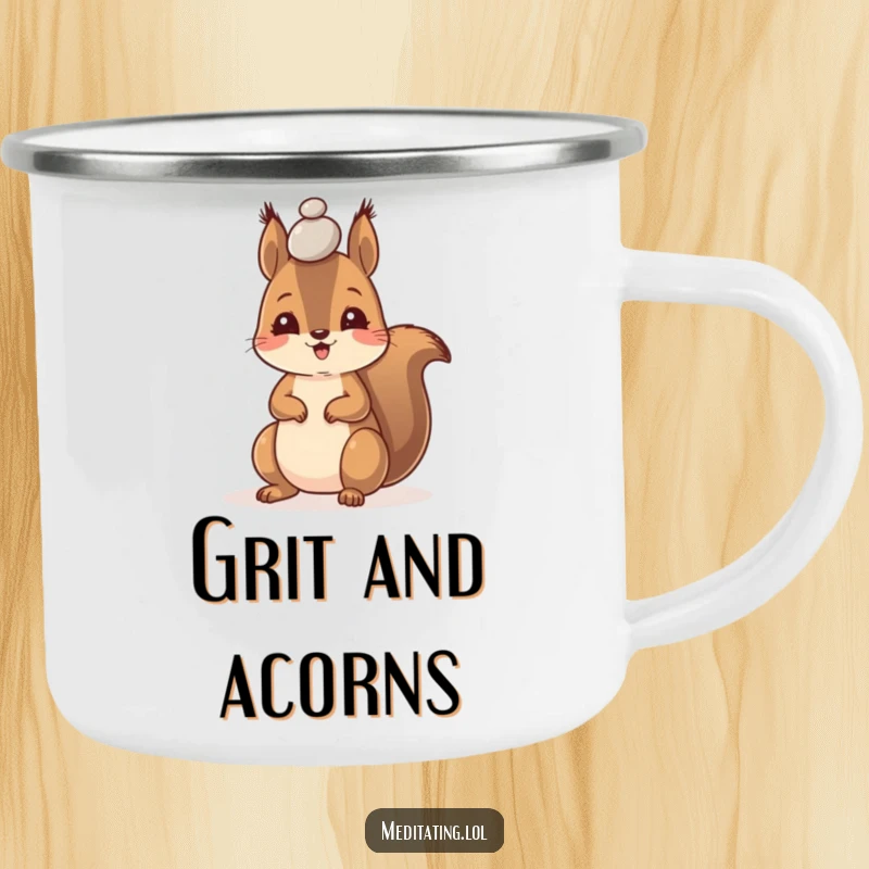 Funny camping mug with a happy squirrel balancing a pebble on its forehead, ideal for outdoor focus.