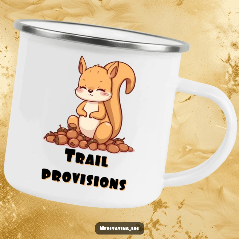 Funny squirrel camping mug, a curious squirrel meditating with acorns, for outdoor serenity. A humorous travel companion.