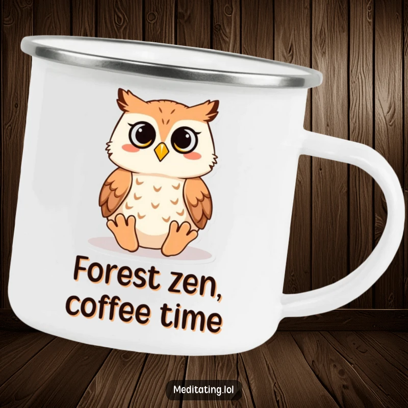Funny owl camping mug featuring a wise owl meditating, perfect for enjoying warm beverages outdoors with a humorous and peaceful vibe.