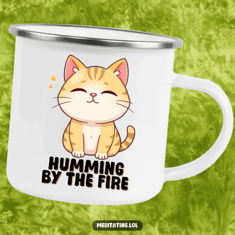 Funny camping mug with a curious cat humming contentedly with closed eyes, perfect for humorous moments in nature.