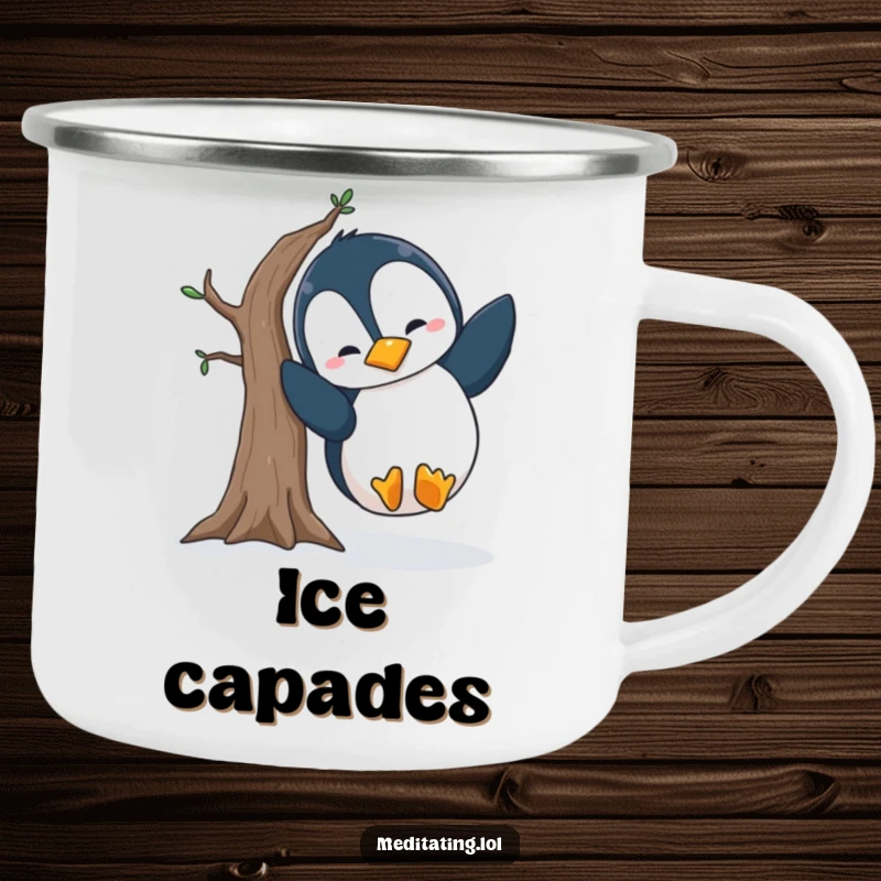 Funny penguin camping mug, durable, featuring a silly penguin falling out of a wobbly tree pose, perfect for outdoor enjoyment and a funny gift.