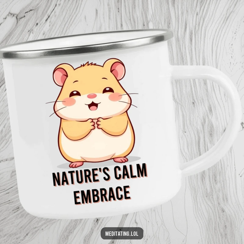Funny cheerful hamster camping mug, illustration of a hamster holding paws together in stillness, for outdoor cuteness.