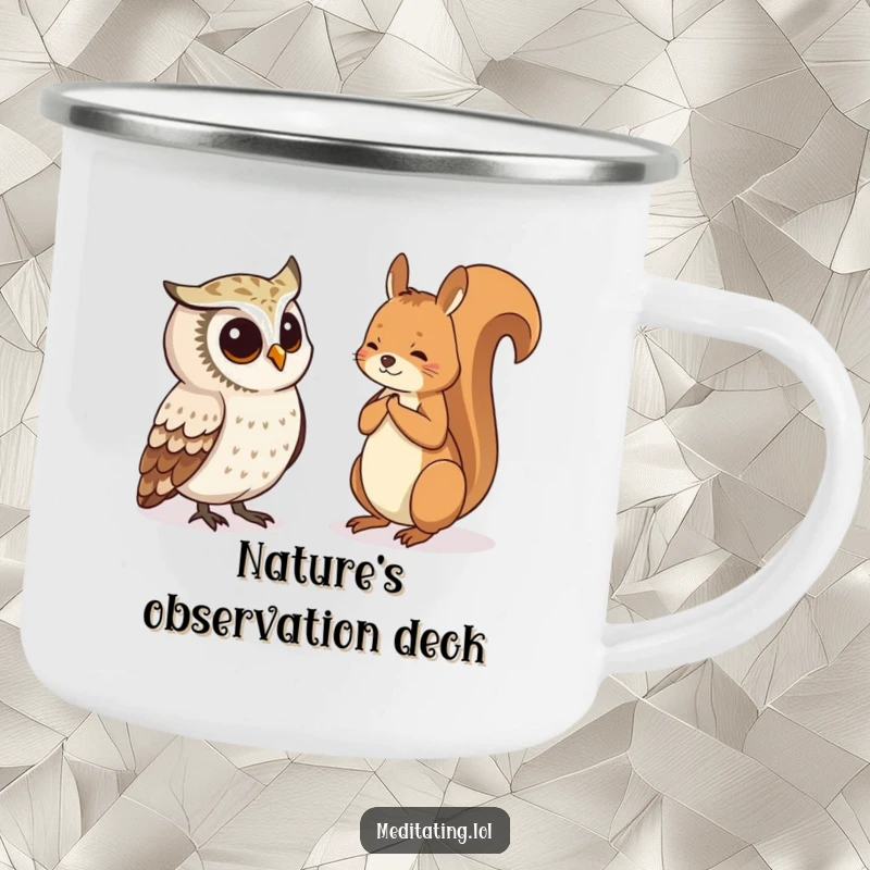 Funny Camping Mug showing a curious owl watching a meditating squirrel, perfect for outdoor enthusiasts who love humor.