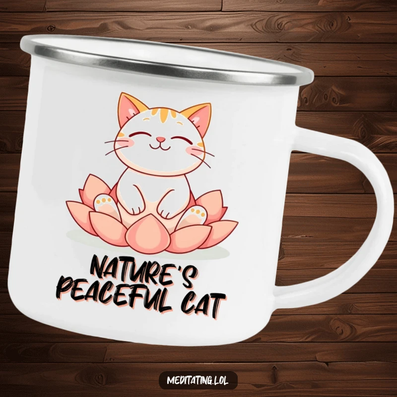Funny cat camping mug featuring a cheerful cat in a serene lotus yoga pose, perfect for peaceful outdoor moments.
