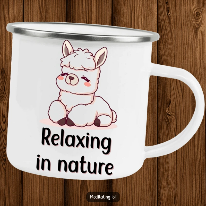 Funny Llama Relax Camping Mug: A durable enamel cup with a content llama resting its head on its knees, ideal for outdoor enjoyment.