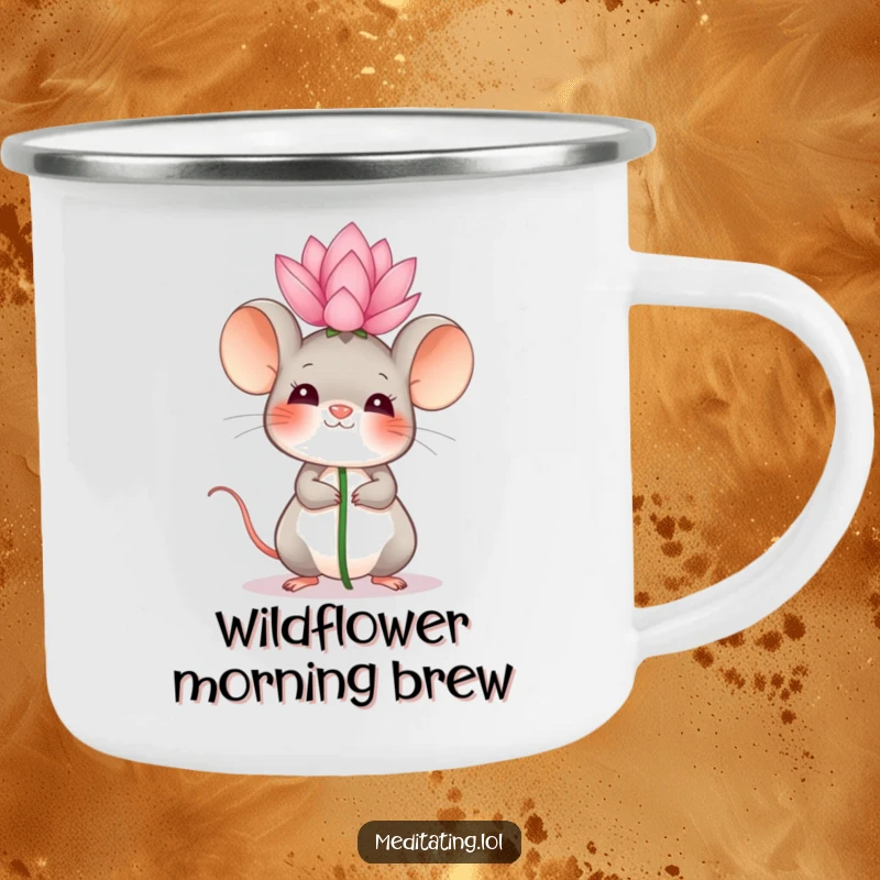 Funny Camping Mug showing a giggling mouse balancing a lotus flower, perfect for outdoor enthusiasts who appreciate zen humor.