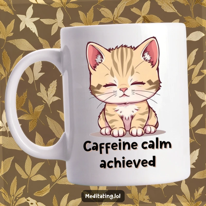 Funny kitten mug showing a curious kitten gently breathing deeply with a wonderfully calm and serene expression.