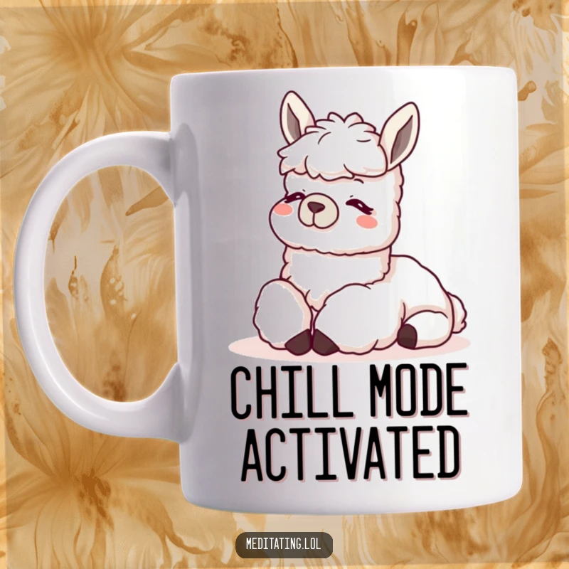 Funny Llama Mug showing a very content llama resting its head on its knees in a relaxed, peaceful pose, perfect for calm moments.