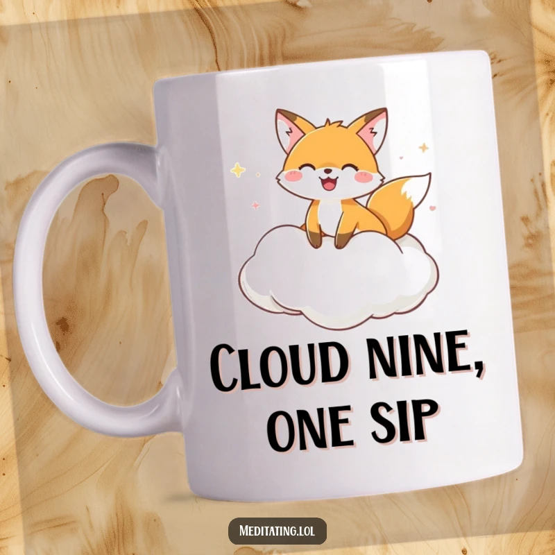 Funny Mug featuring a joyful fox blissfully floating on a soft cloud cushion, embodying ultimate peace and happiness.