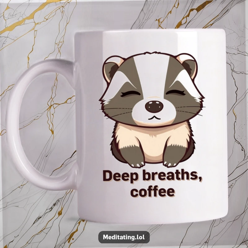 Funny mug featuring a determined badger with eyes closed, taking a deep, calming breath to find inner focus.