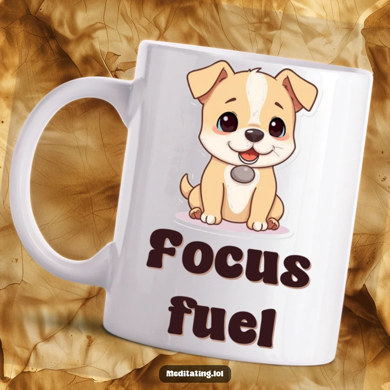 Funny dog mug featuring a playful puppy concentrating hard while balancing a small pebble on its nose, ideal for dog enthusiasts.