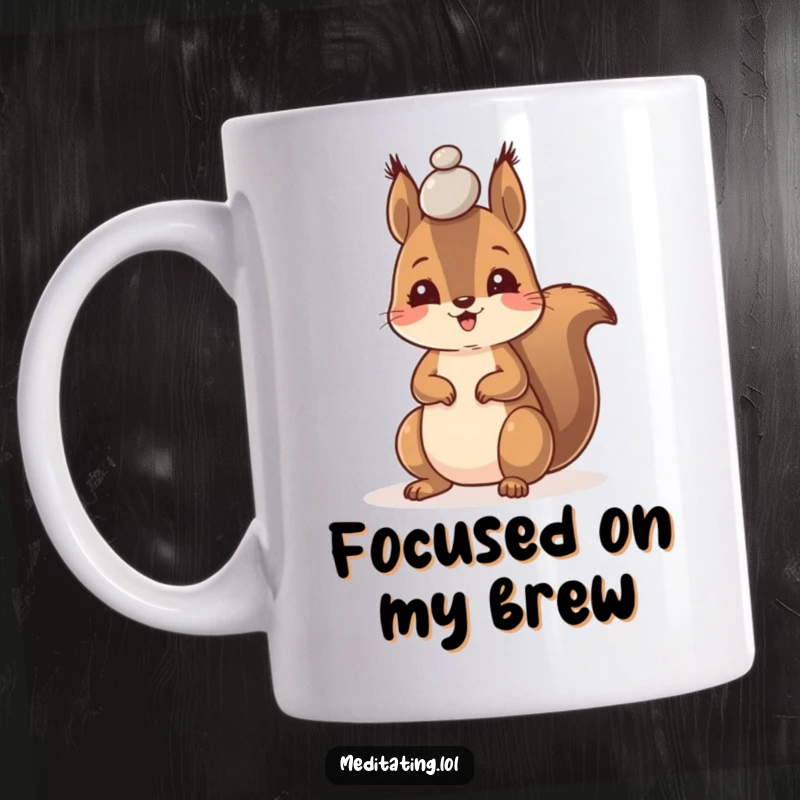 Funny mug featuring a happy squirrel with intense focus, perfectly balancing a tiny pebble on its forehead.