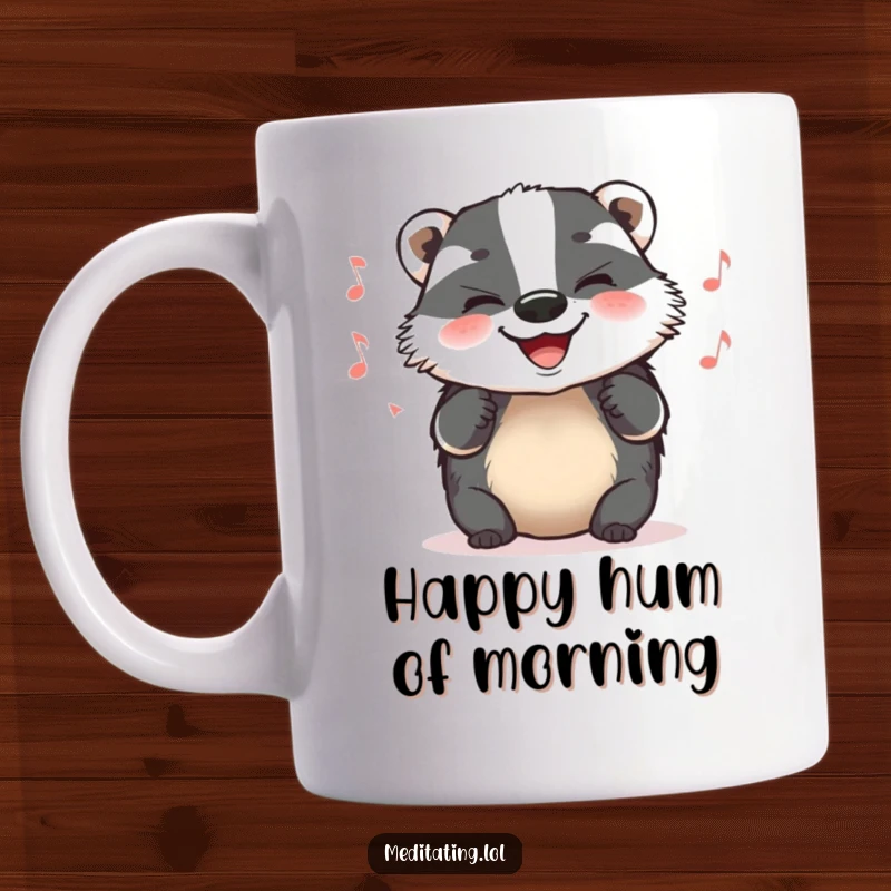 Funny Mug featuring a grinning badger happily humming a contented tune, embodying pure, cheerful satisfaction.