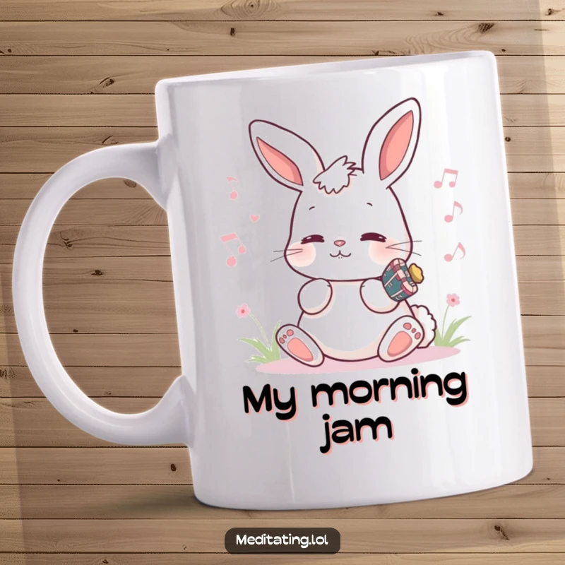 Funny Bunny Mug: A playful bunny gently humming a peaceful melody, creating a serene and humorous scene.