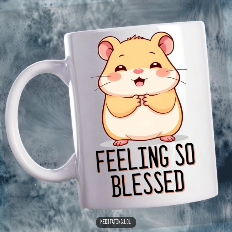 Funny cheerful hamster mug, holding paws together in stillness, a heartwarming illustration of simple joy and peacefulness.