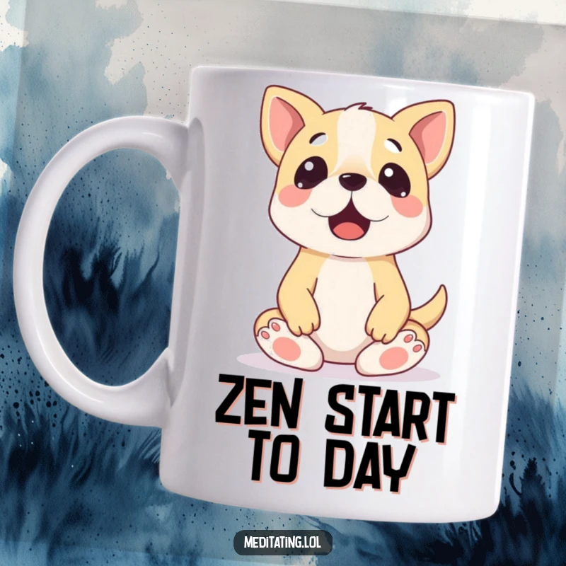 Funny Dog Meditation Mug: A surprised dog attempting a wobbly, unbalanced meditation pose with a look of concentration.