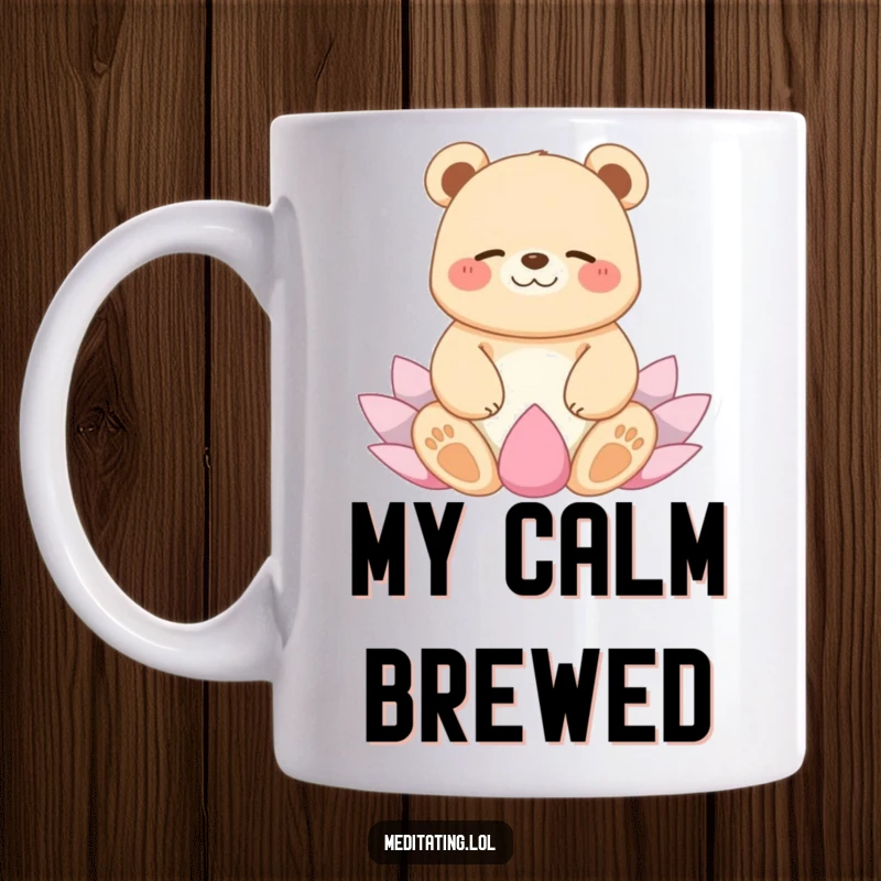 Funny mug showing a joyful bear giggling peacefully while floating in a perfect lotus yoga position, radiating calm.