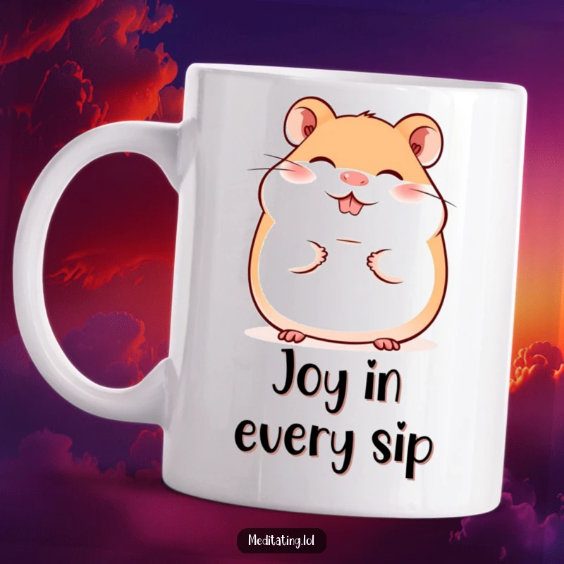 Funny mug featuring a giggling hamster with a serene, peaceful smile, radiating pure happiness and contentment.