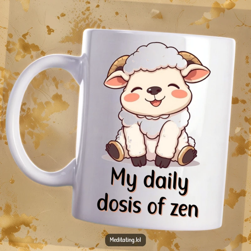 Funny mug featuring a giggling sheep in a super relaxed, almost melting pose, radiating pure joy and silliness.