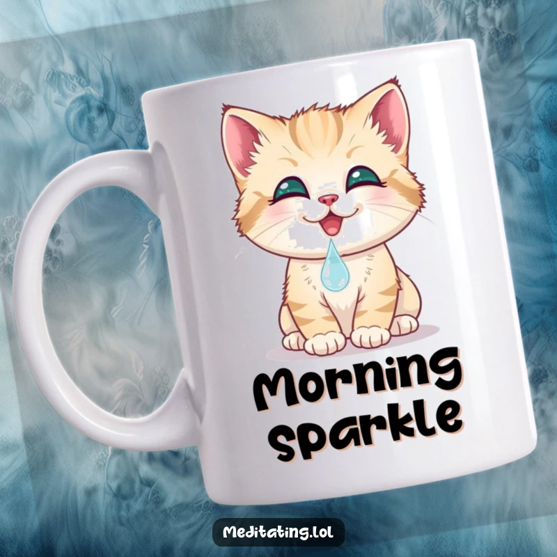 Funny kitten mug, a smiling cat gently touches its nose to a dewdrop, capturing a tender, cute moment. Adorable animal art.
