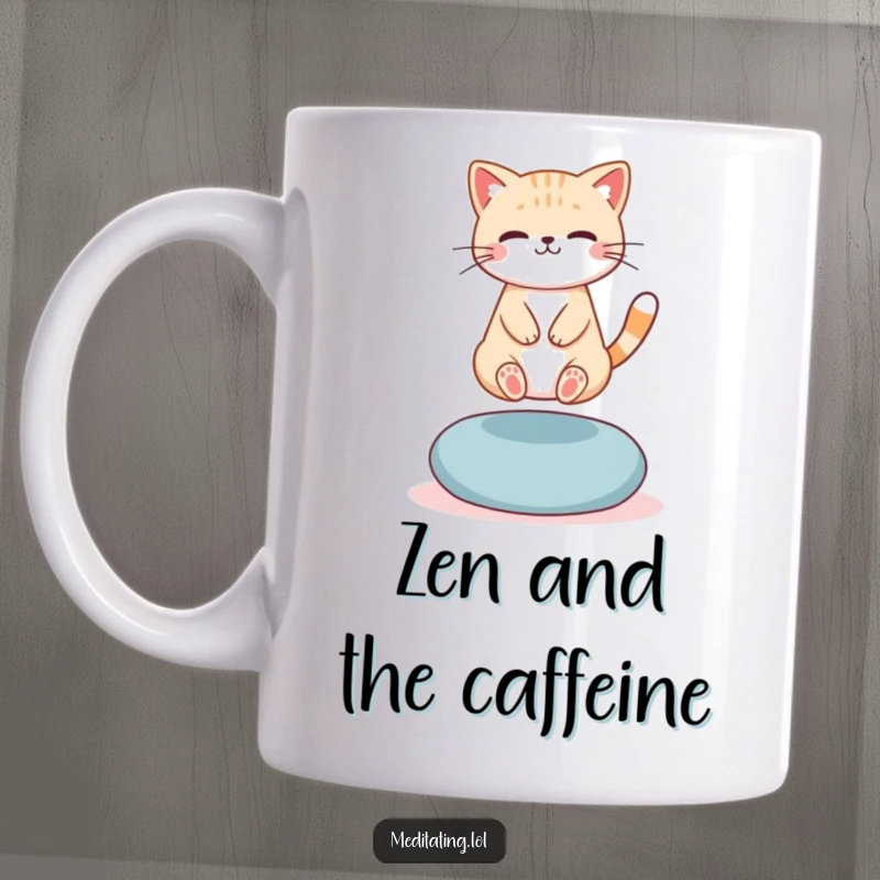 Funny Mug: A cute cat levitating slightly above a meditation cushion, radiating peaceful humor and mystical charm.