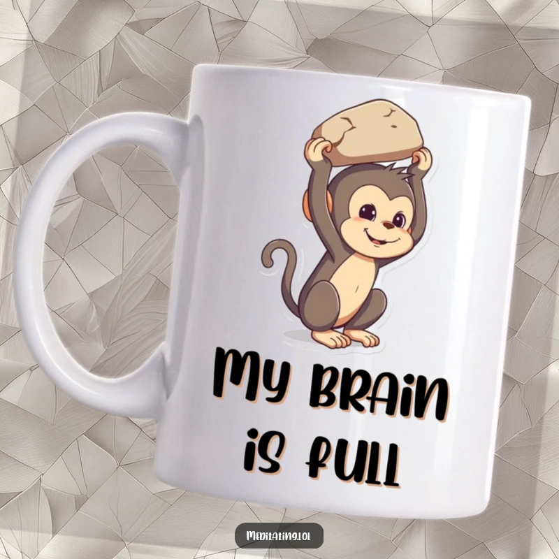 Funny mischievous monkey mug, attempting to balance a large rock on its head with a determined yet comical expression.