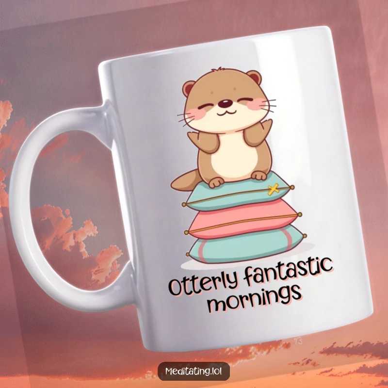 Funny otter mug showing a cheerful otter serenely balancing with eyes closed on a tall stack of cushions.