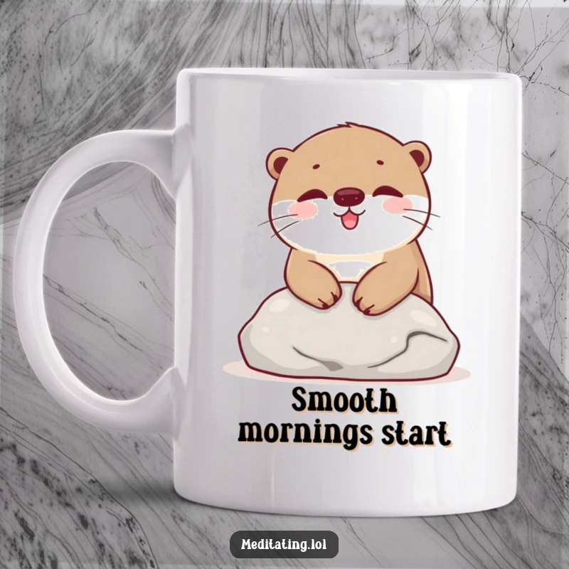 Funny Mug featuring a happy otter blissfully resting its head on a smooth stone, embodying peaceful relaxation.