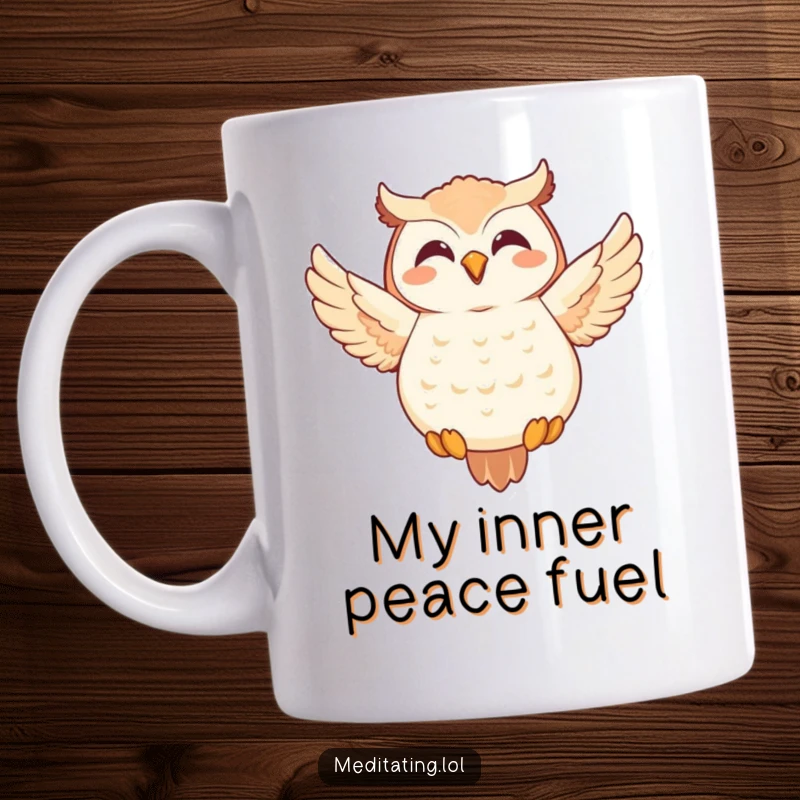 Funny Owl Mug: A joyful owl in a meditative yoga pose, floating serenely, bringing laughter and zen vibes.