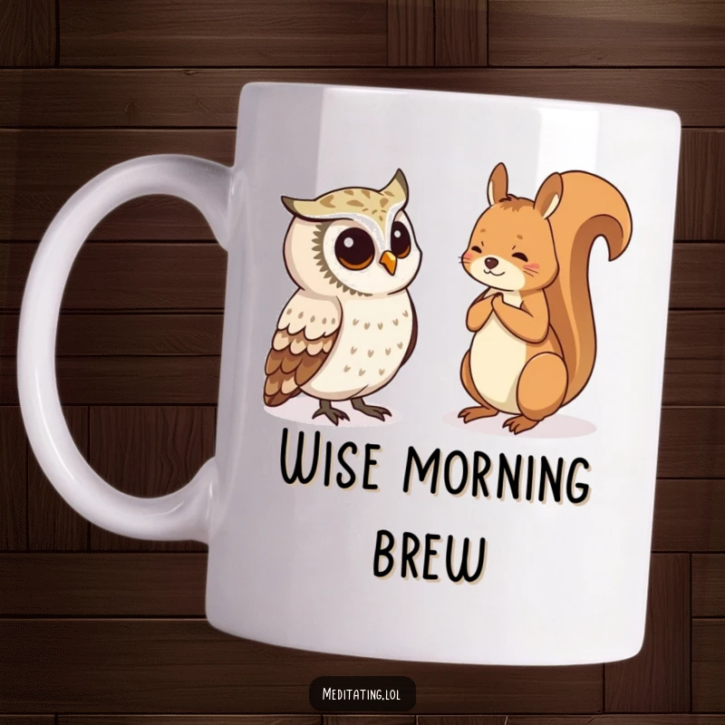 Funny Mug depicting a curious owl intently watching a squirrel in deep meditation, highlighting a moment of peaceful observation.