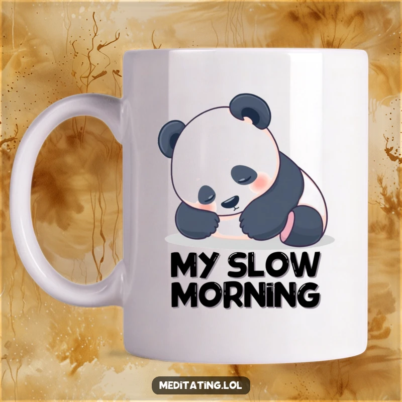 Funny Panda Mug: A peaceful panda resting its head in its paws, embodying relaxation and gentle humor.