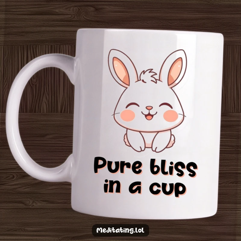 Funny mug featuring a happy rabbit with eyes closed and a serene smile, radiating peaceful joy.