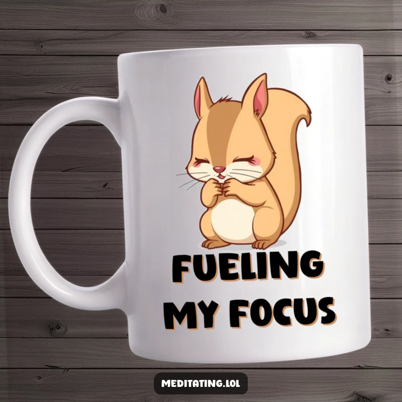 Funny Squirrel Mug: A determined squirrel intensely focusing on its breath, radiating concentration and humor.