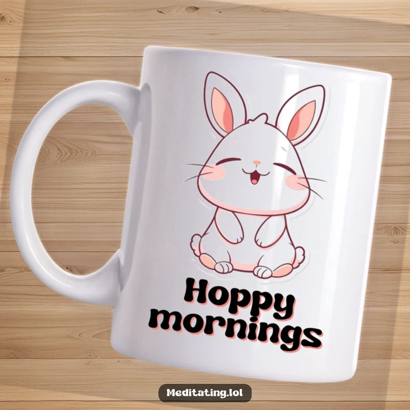 Funny rabbit mug showing a cheerful bunny with eyes closed, taking a deep, blissful breath, perfect for anyone seeking calm and humor.