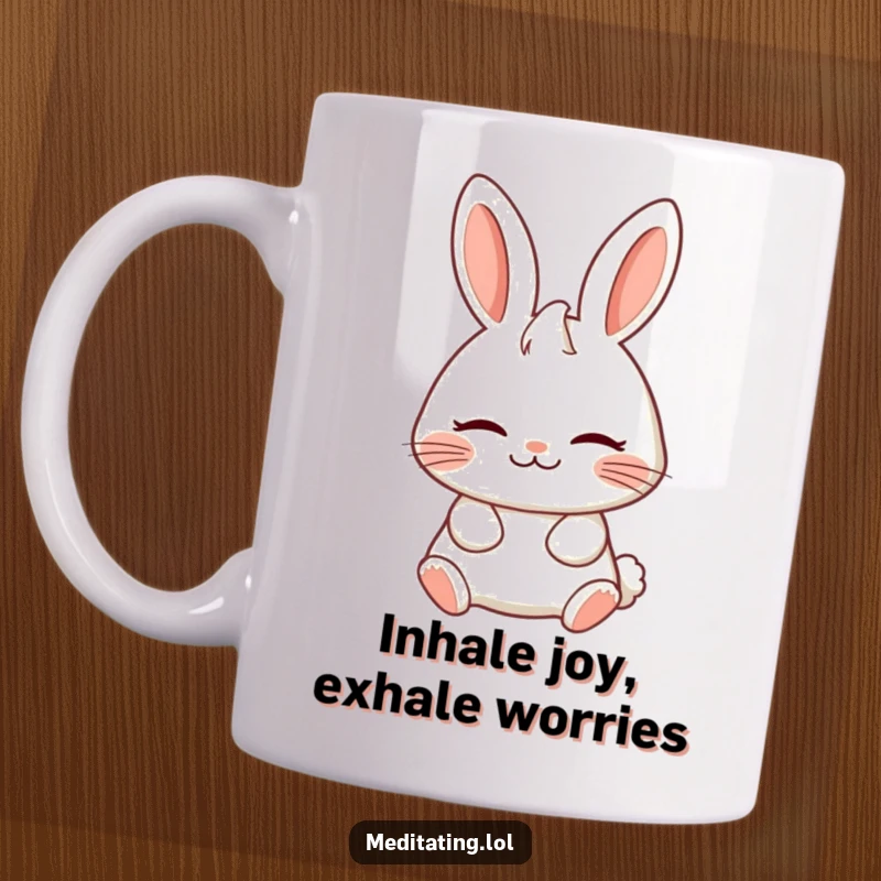 Funny mug featuring a cheerful rabbit breathing deeply with a serene expression, exuding calmness and gentle humor.