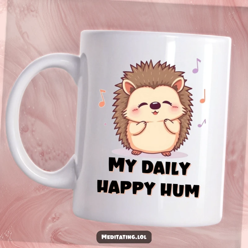 Funny Hedgehog Mug with a delighted character humming a peaceful song, showcasing a joyful and cute animal for a happy mood.