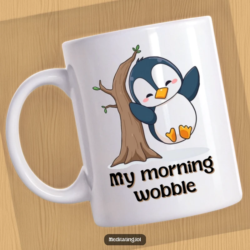 Funny penguin yoga mug showing a silly penguin comically falling out of a wobbly tree pose, perfect for yoga beginners and humor lovers.