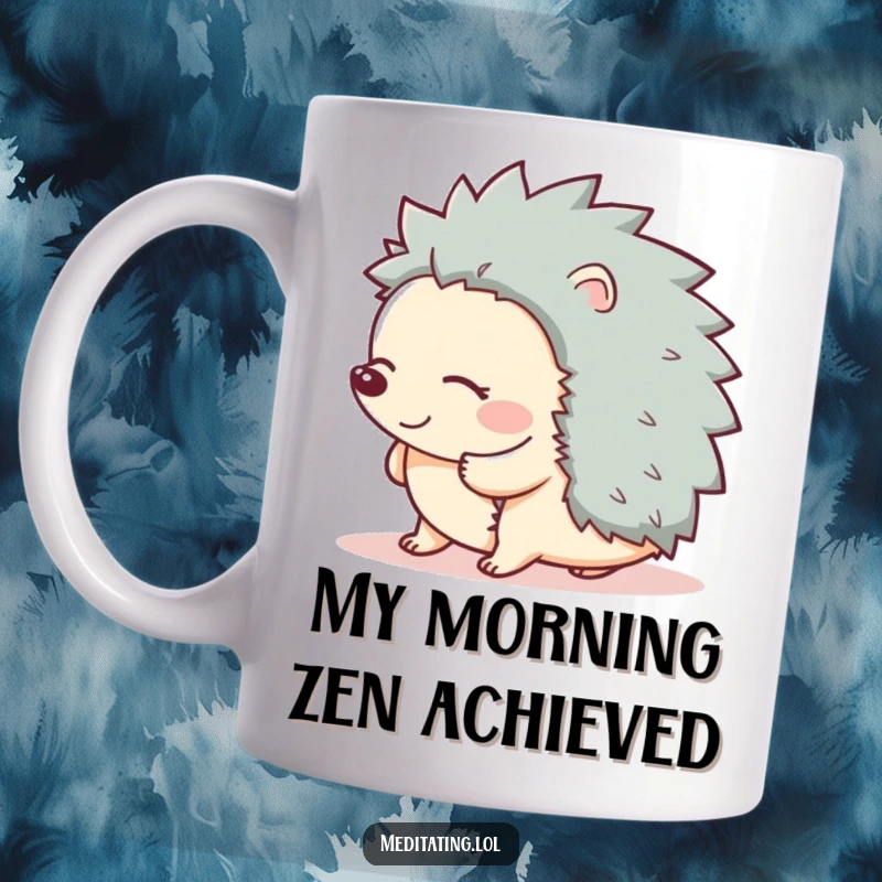Funny mug featuring a giggling hedgehog swaying peacefully with eyes closed, radiating calm and joy.