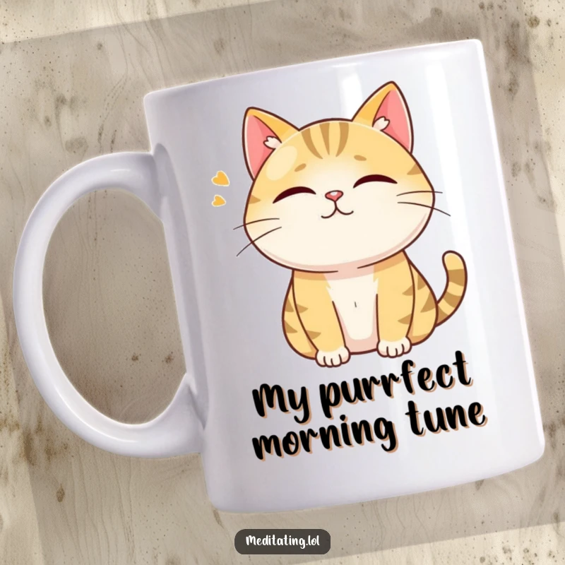 Funny mug featuring a curious cat humming softly with its eyes closed, embodying content and humorous tranquility.
