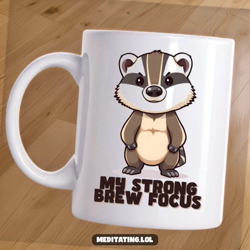 Funny Badger Mug: A brave badger standing tall in a stoic posture, exuding courage and quiet humor.