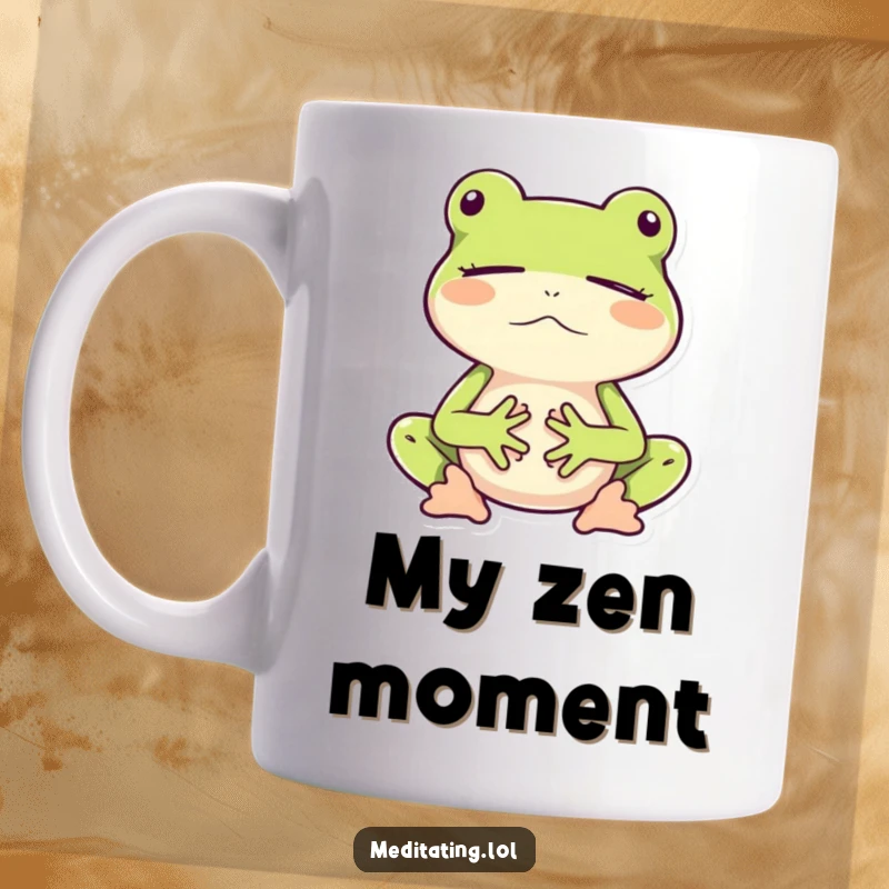 Funny mug featuring a frog mid-bounce, eyes gently closed in peaceful meditation, radiating calm.