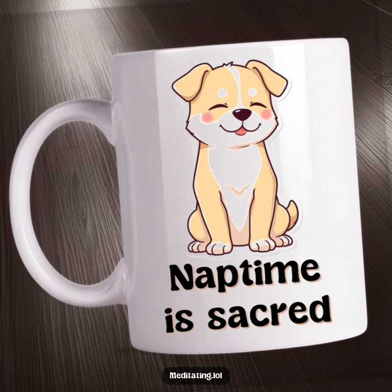 Funny dog mug showing a proud dog sitting upright with eyes peacefully closed, radiating calm and contentment.