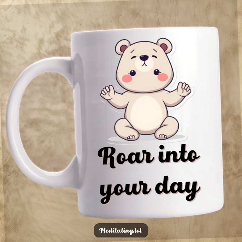 Funny bear yoga mug showing a strong, determined bear holding a challenging yoga pose with a look of serene focus, perfect for yogis.