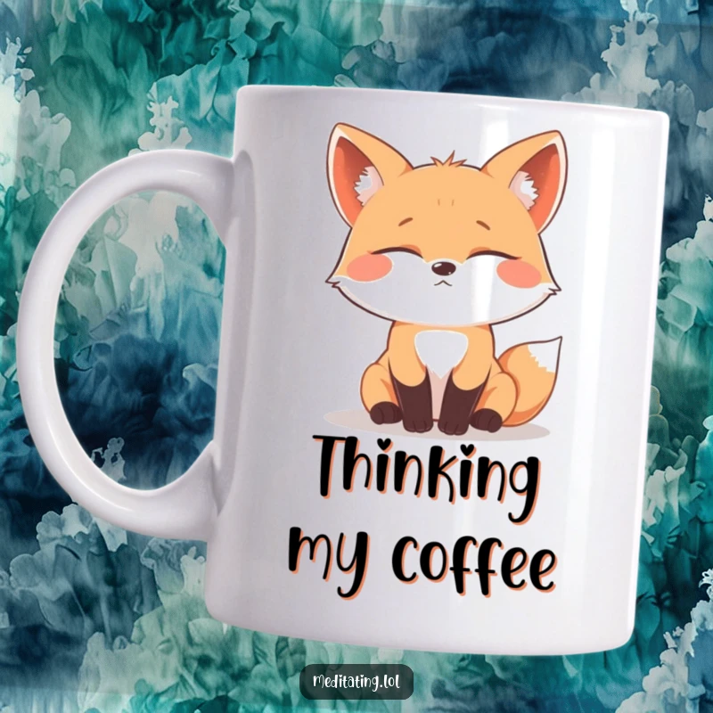 Funny curious fox mug, eyes closed in deep contemplation, a charming illustration of thoughtful introspection and quiet wisdom.