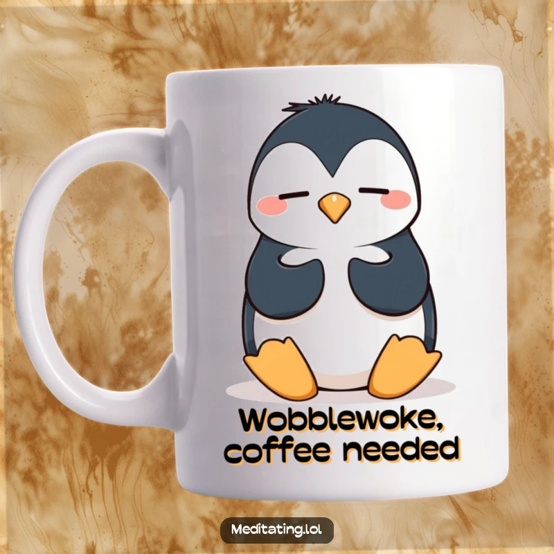 Funny penguin mug showing a silly penguin attempting a wobbly meditation pose, bringing humor and playful charm to your beverage.